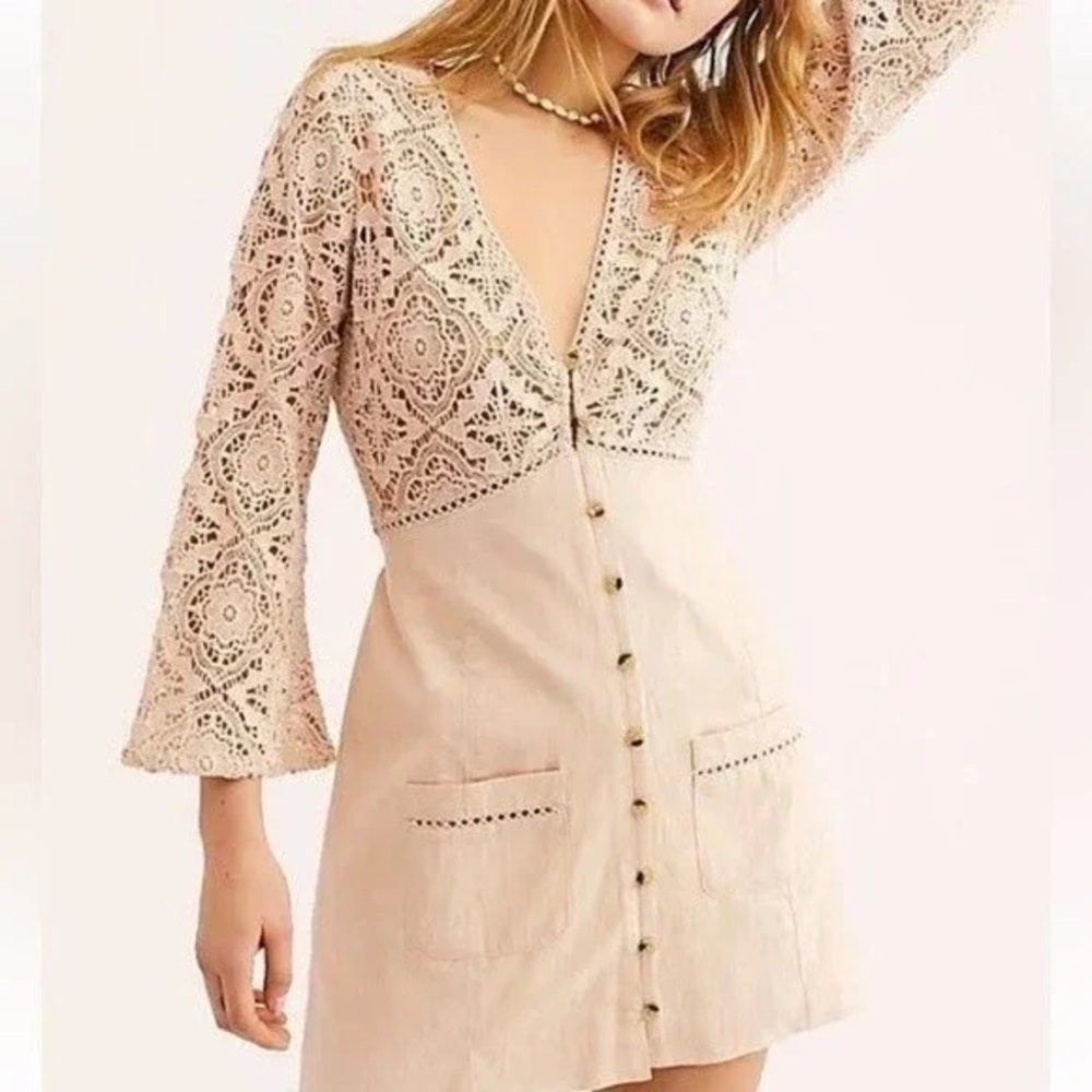 Free People Shrimpton Crochet Lace Mini Dress Pink Sz S bell sleeves boho hippie